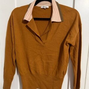 Madewell Rust V-Neck Polo Sweater with Striped Collar